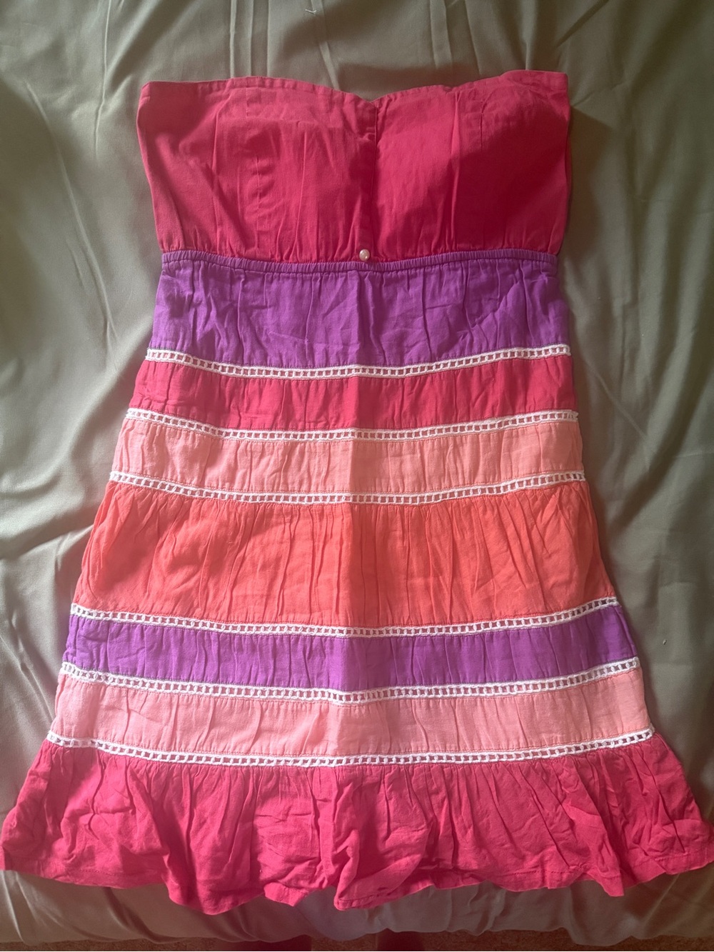 Judith March Strapless Tiered Colorblock Dress in Hot Pink, Purple & Coral